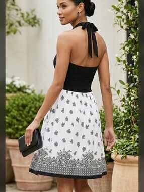 Tahari Black and White Strapless Halter Dress